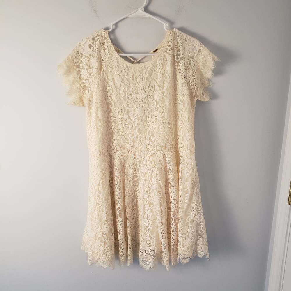 Free People Dress Ivory Lace Short Sleeve Open Tie Back Dress S  Cream